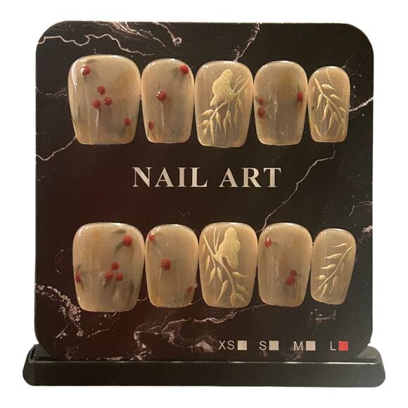 Translucent Nude Red Berries Short Square Press On Nails  - Size Large - Picture 2 of 2